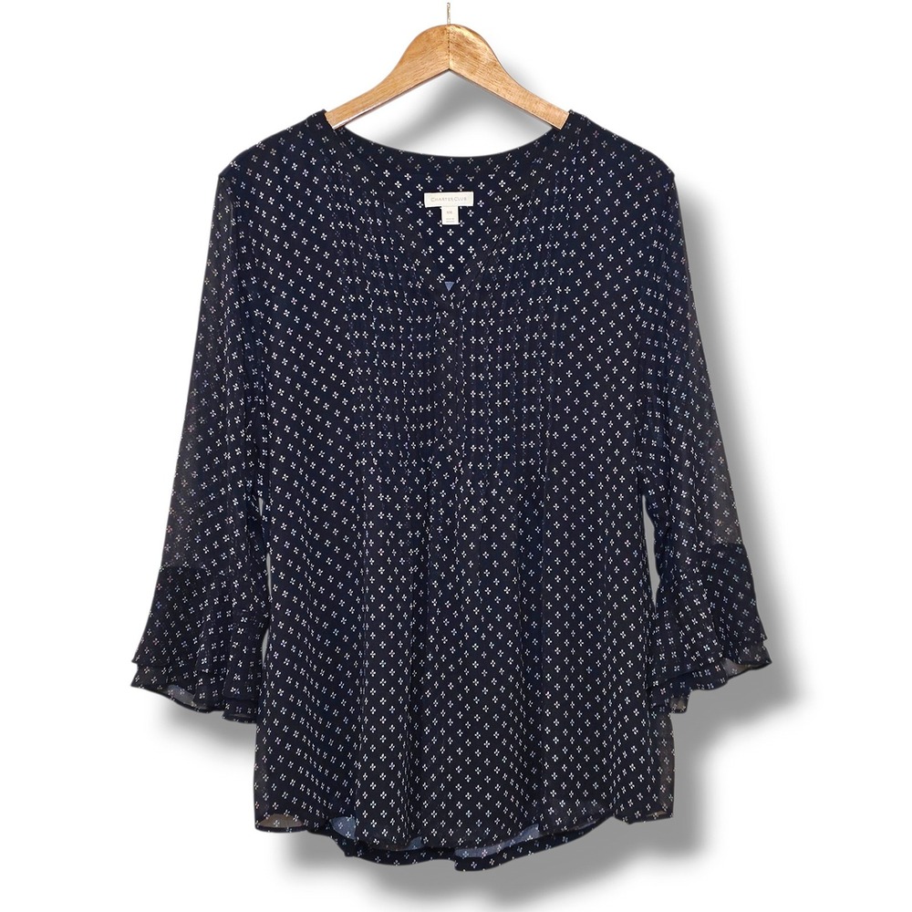 Charter Club Blouse XXL Women Navy Blue Pintuck Bell Sleeve Geometric Floral Top